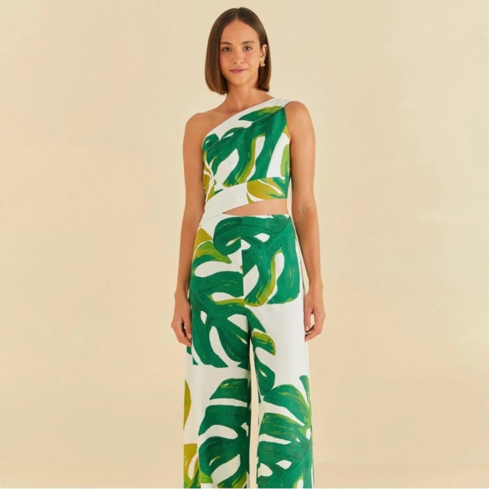 Farm Rio Monstera One-Shoulder Jumpsuit In White and Green